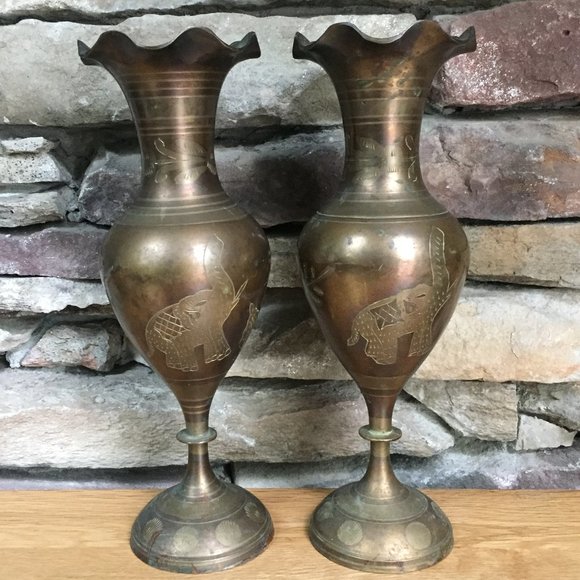 VTG Brass Vase Pair Elephant Etched Flowers Boho India Ruffled